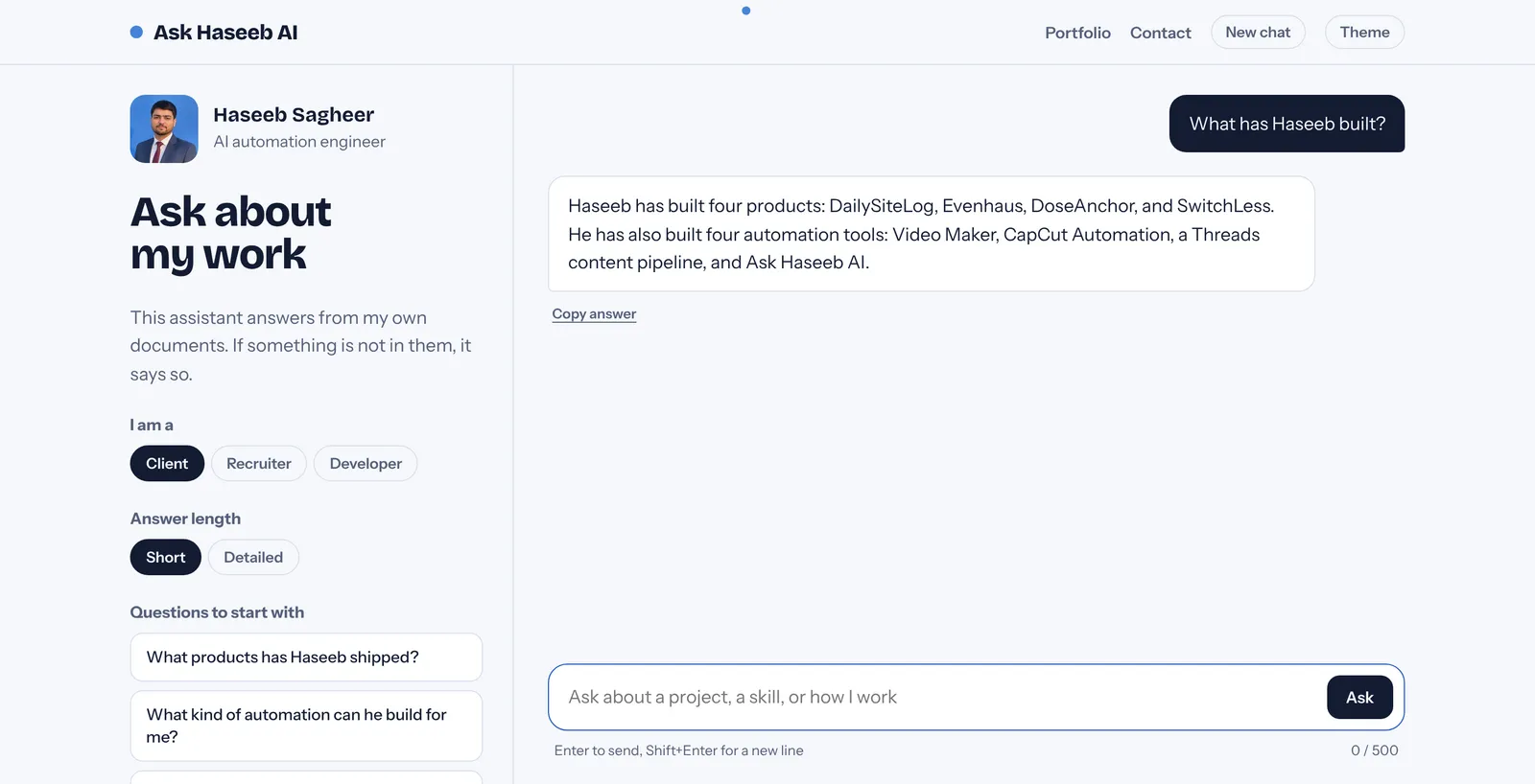 Ask Haseeb AI chat page answering the question What has Haseeb built, with options for visitor type and answer length
