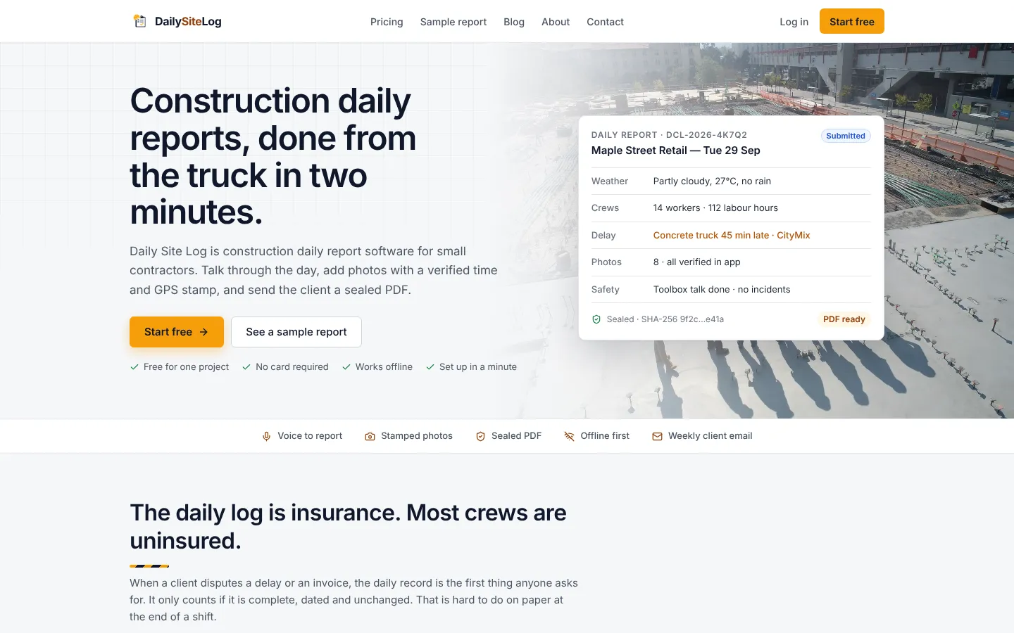 DailySiteLog home page showing a sample construction daily report with weather, crews, delays and photos