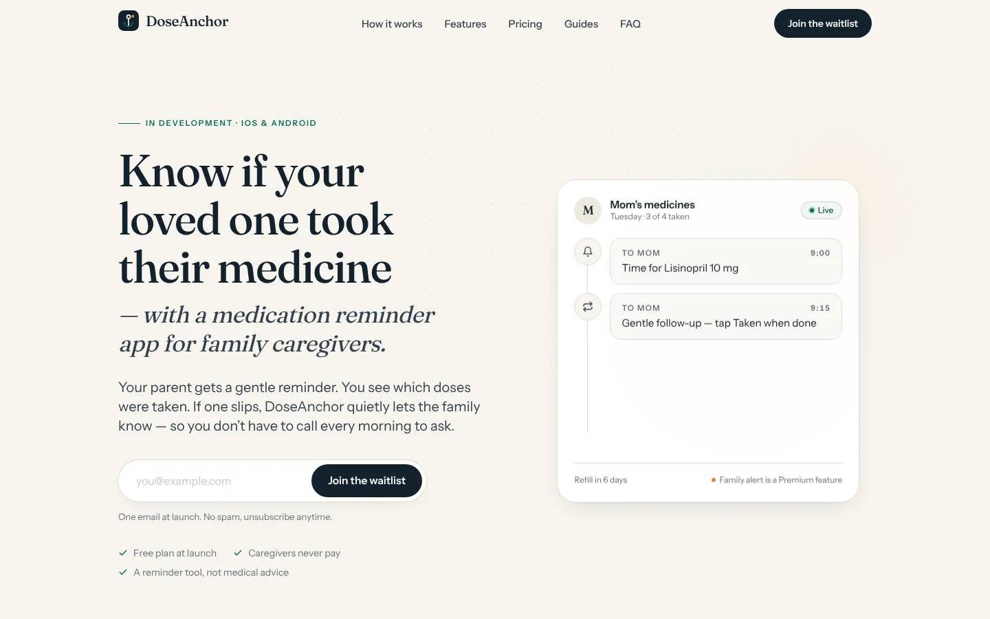 DoseAnchor website showing a medication reminder sent to a parent and a follow-up reminder