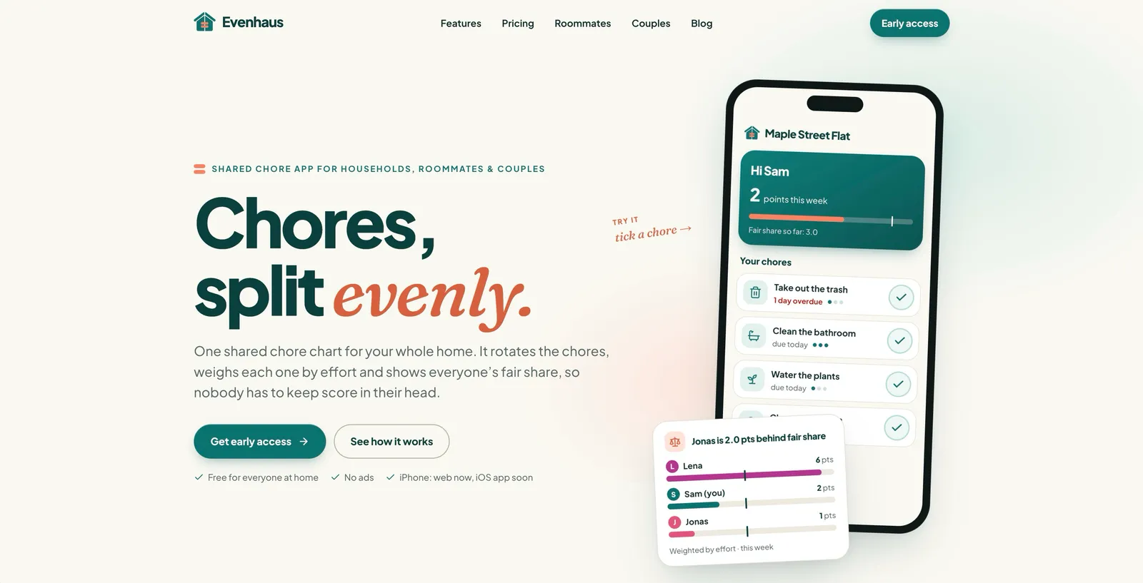 Evenhaus website showing a shared chore list with effort points and a fair-share balance for three housemates